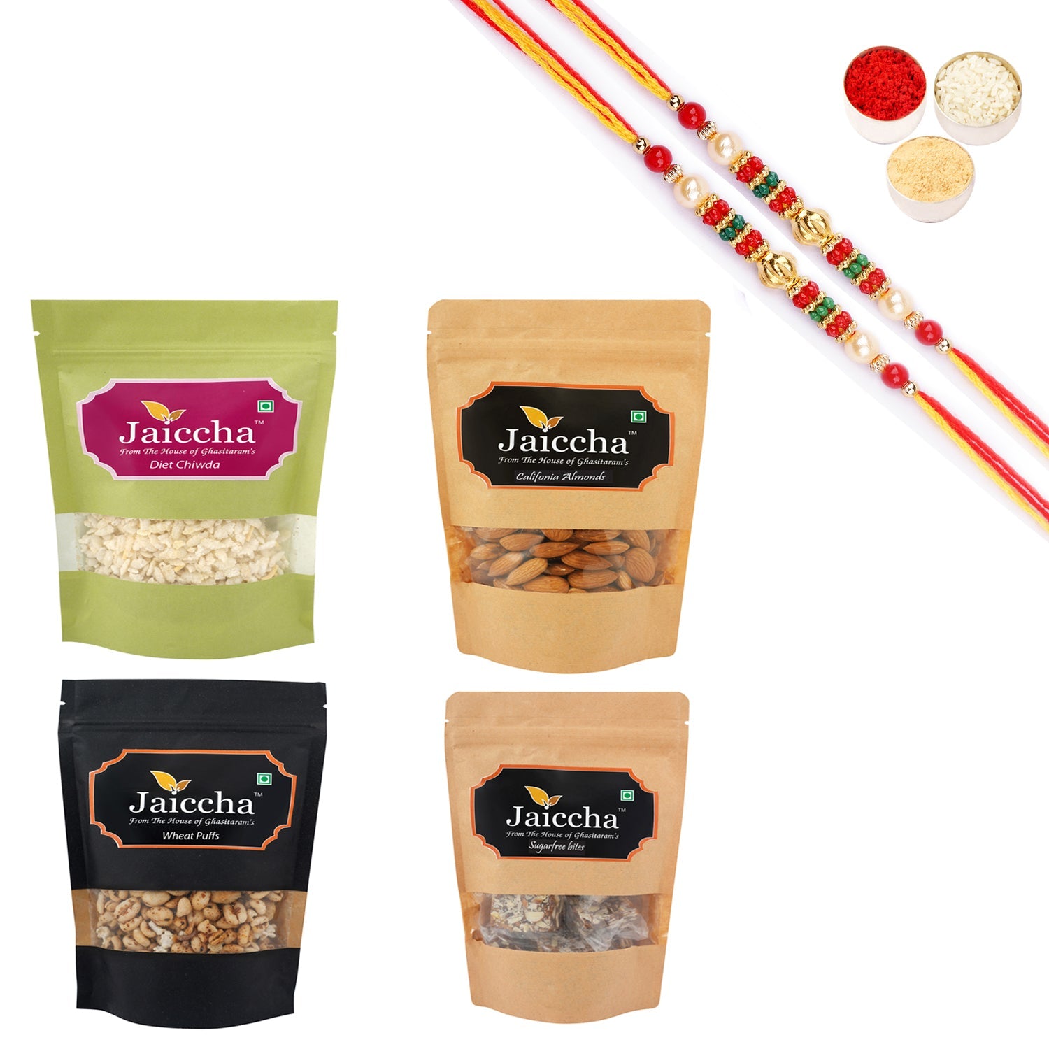 Ghasitaram Healthy Hamper Sugarfree Anjeer Bites; Wheat puffs,Diet Chiwda and Almonds With Pearl Beads Rakhi