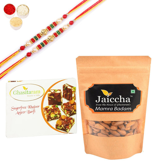 Ghasitaram Sugarfree Figs and Dates Bites,and Mamra Almonds With Pearl Beads Rakhi
