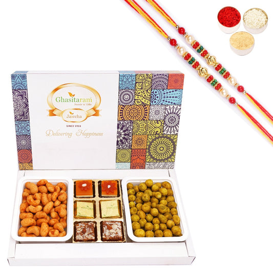 Ghasitaram Assorted Festive Box of Assorted Bites,Crunchy Cashews,Crunchy Peanuts With 2 Pearl Beads Rakhis