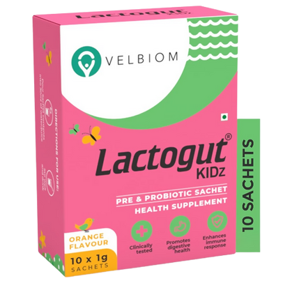 Velbiom Lactogut Kidz Probiotics Powder Sachets - Orange Flavor - BUDEN