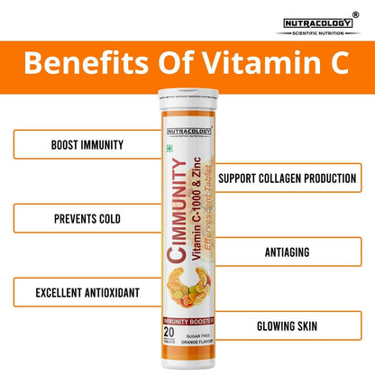 Nutracology Cimmunity Vitamin C 1000mg Effervescent Tablet For Glowing Skin, Immunity Booster