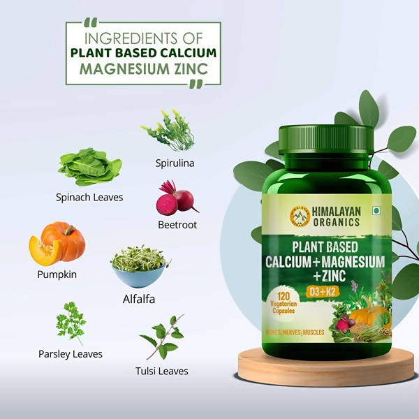 Himalayan Organics Plant Based Calcium + Magnesium + Zinc, D3+K2 Vegetarian Capsules
