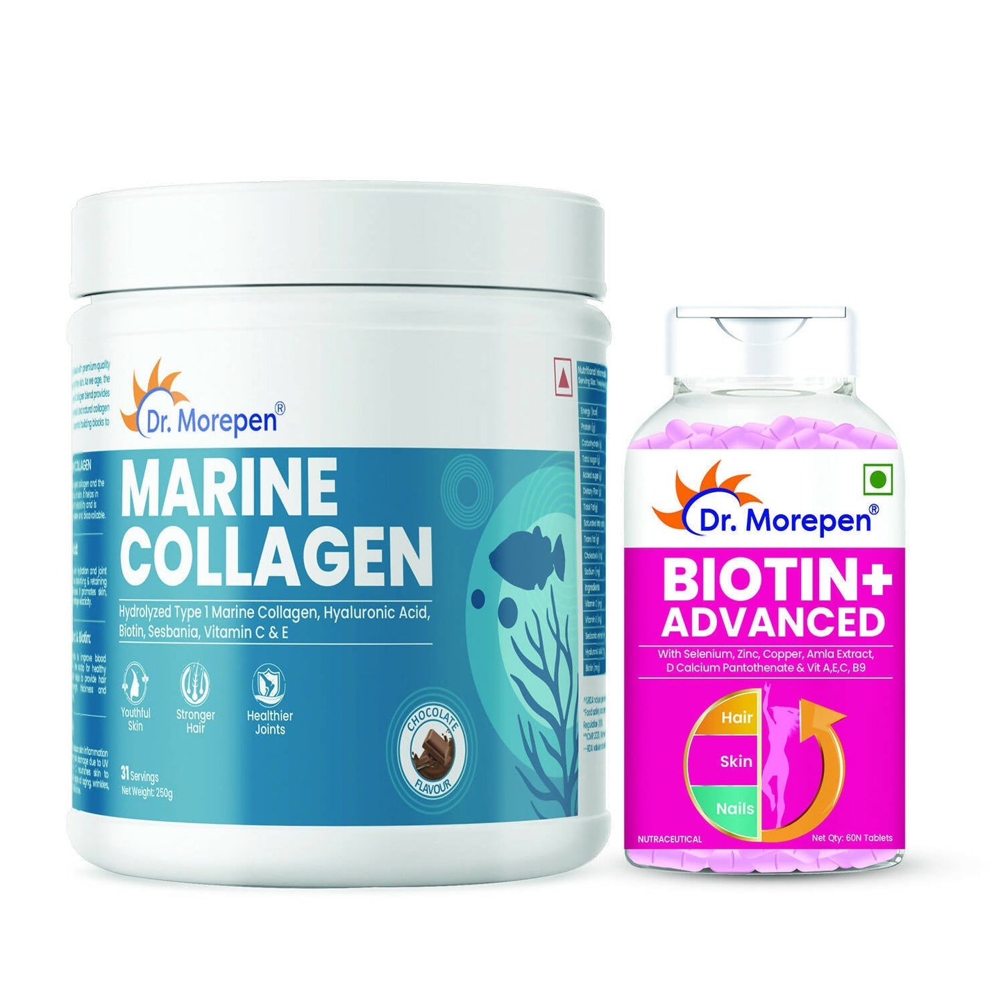 Dr. Morepen Biotin+ Advanced Tablets and Marine Collagen Protein Powder Chocolate Flavour Combo