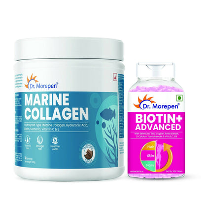 Dr. Morepen Biotin+ Advanced Tablets and Marine Collagen Protein Powder Chocolate Flavour Combo