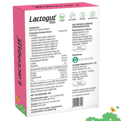Velbiom Lactogut Kidz Probiotics Powder Sachets - Orange Flavor