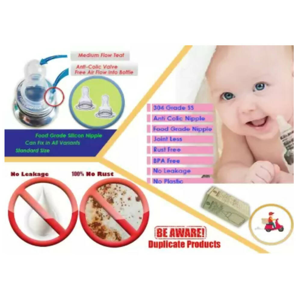 Goodmunchkins Stainless Steel Feeding Rustfree Bottle with 2 Anti Colic Silicone Nipple For Kids 150 ml