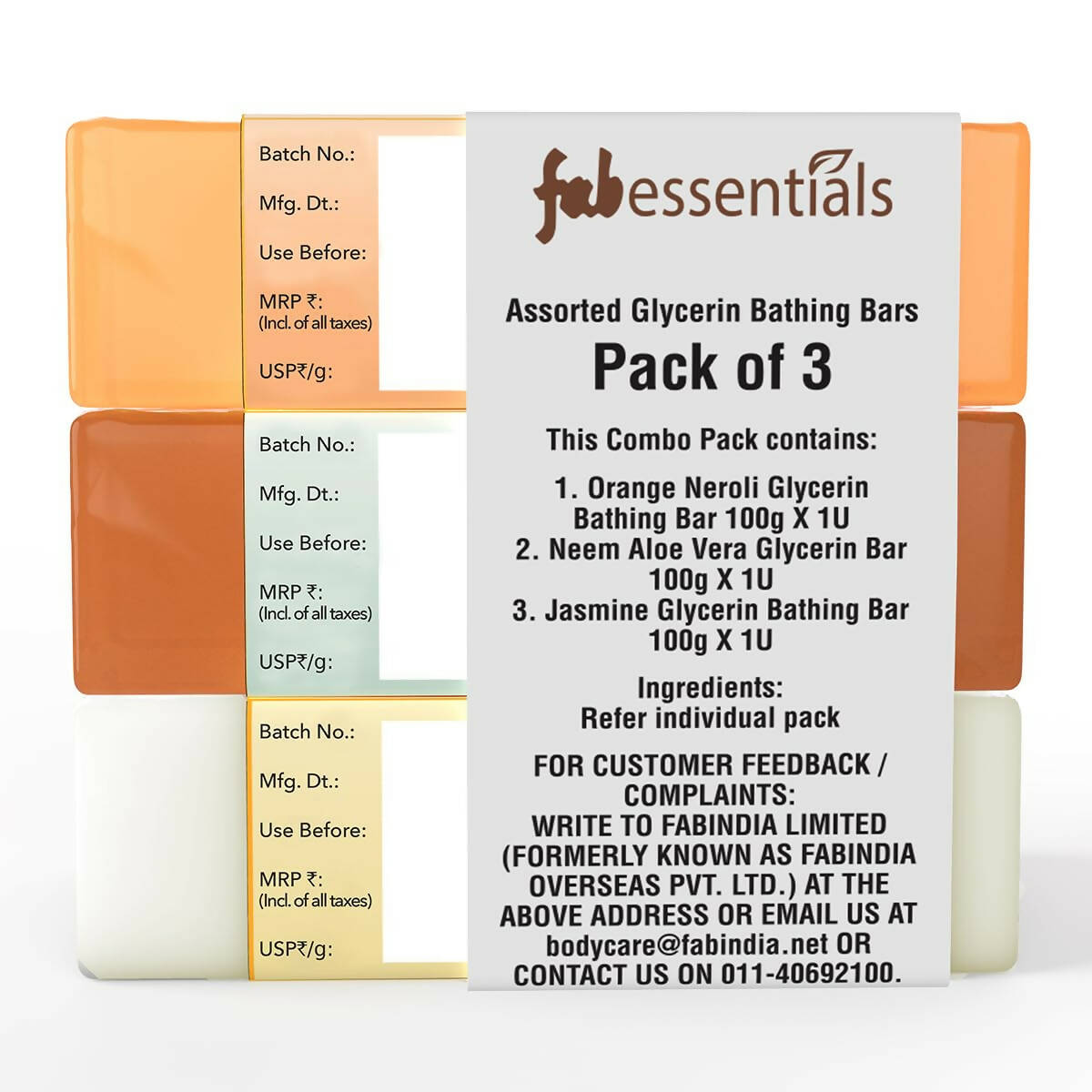 Fabessentials Assorted Glycerin Bathing Bars Combo - Orange Neroli, Neem Aloe Vera & Jasmine