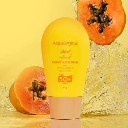 Aqualogica Glow+ Infused Tinted Sunscreen With Papaya & Vitamin C, Protection Against Uva/B, For Glowing & Sun-Safe Skin