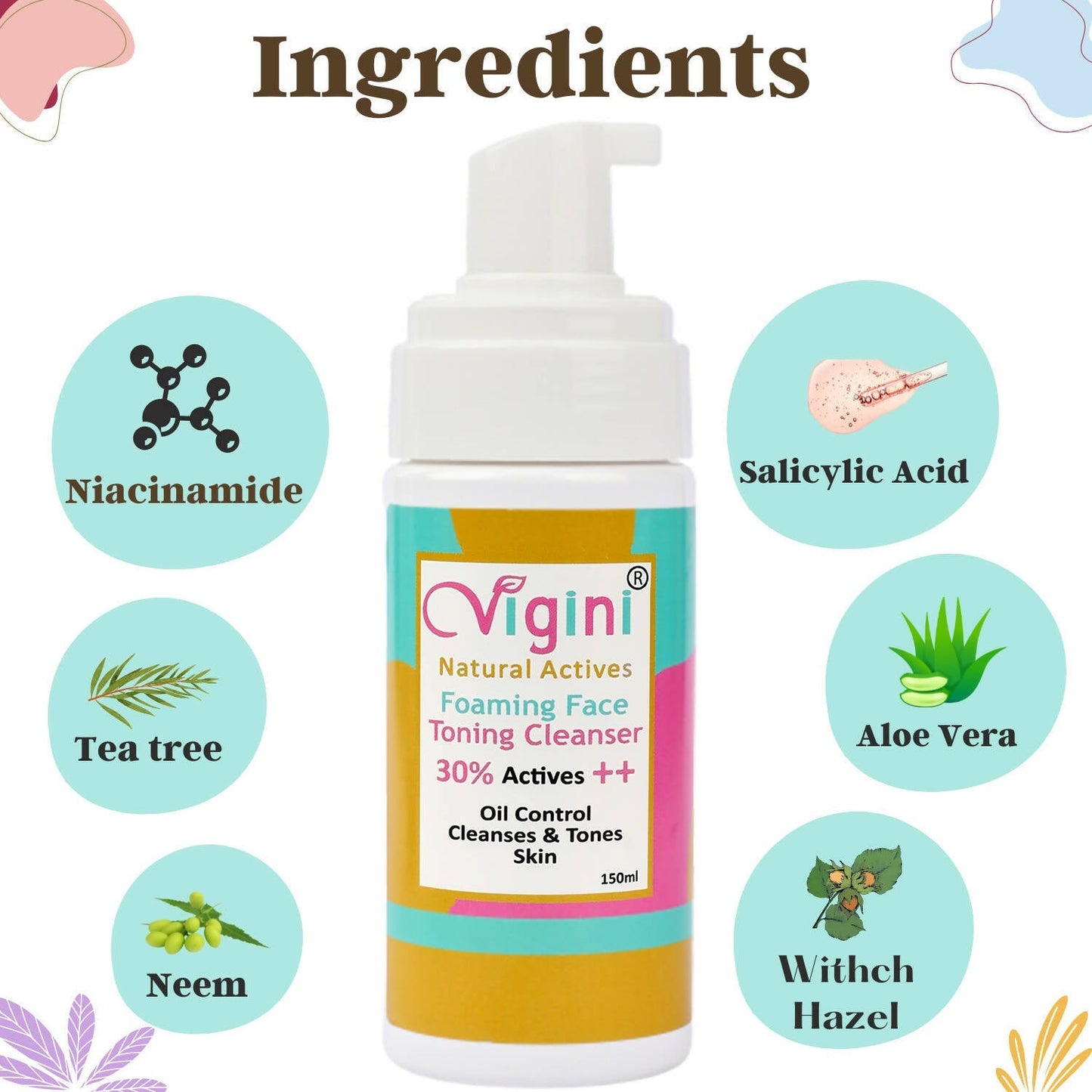 Vigini Natural Actives Foaming Face Toning Cleanser Face Wash for Men & Women