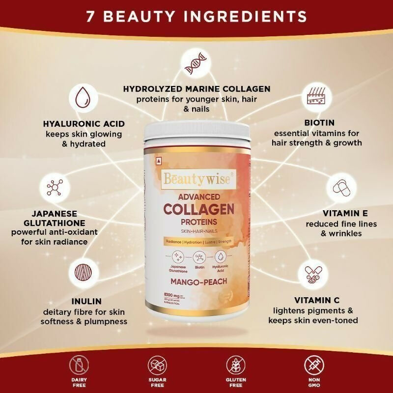 Beautywise Advanced Marine Collagen Anti-Aging Powder - Glutathione, HA & Biotin - Mango-Peach