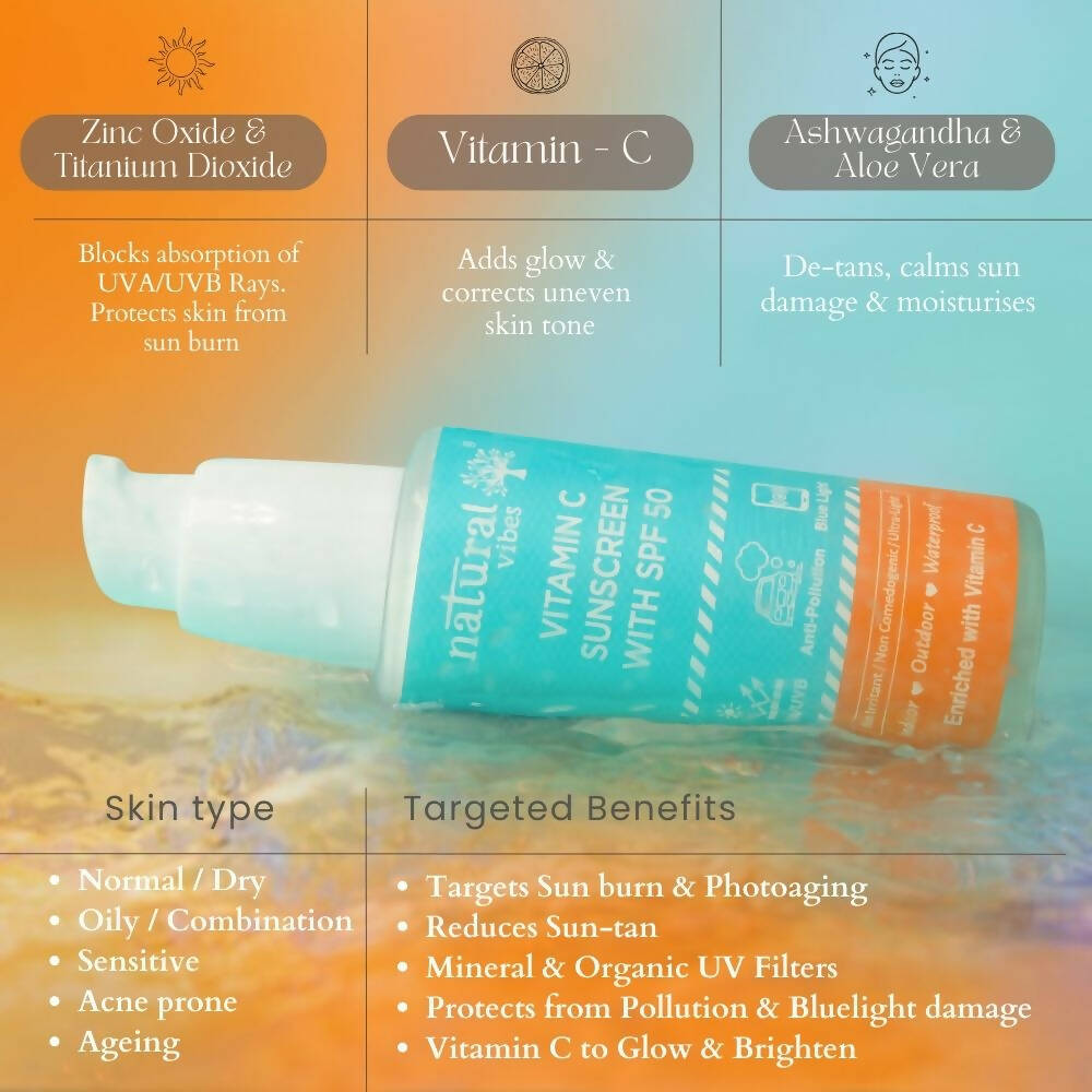 Natural Vibes Vitamin C Sunscreen SPF 50 + - UVA/UVB rays, Blue Light & Pollution Protection