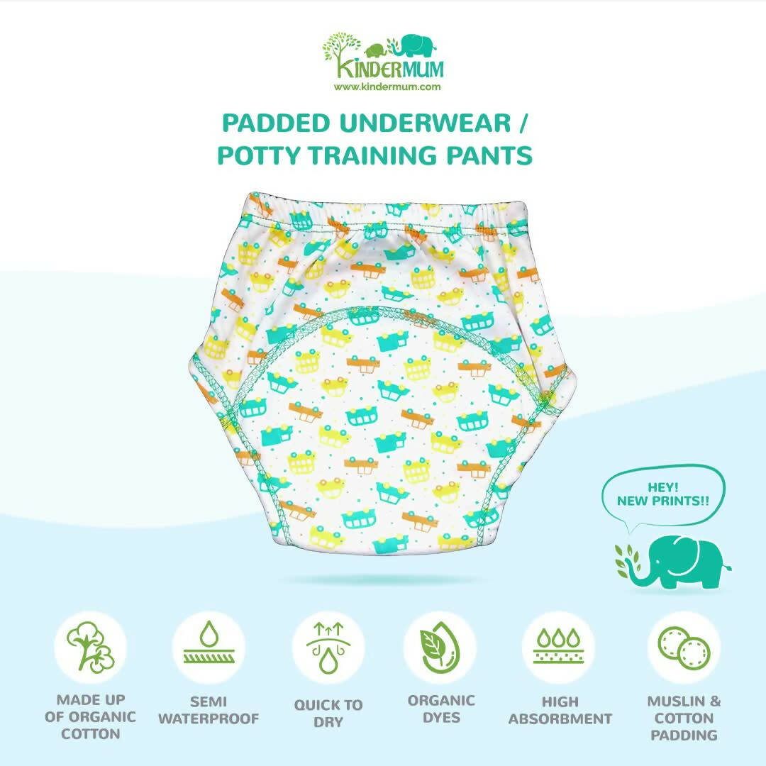 Kindermum Cotton Padded Pull Up Training Pants/Padded Underwear For Kids Peachy Star & Green Car-Set of 2 pcs