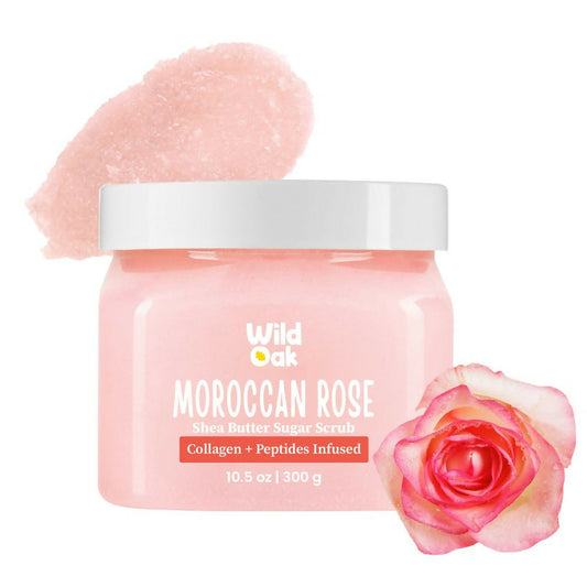 Wild Oak Moroccan Rose Shea Butter Sugar Scrub with Vegan Collagen & Peptides For Tan Removal & Smooth Skin