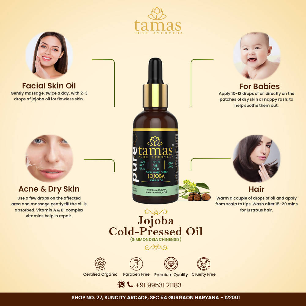 Tamas Pure Ayurveda 100% Organic Jojoba Cold Pressed Carrier Oil- USDA Certified Organic- 30ML