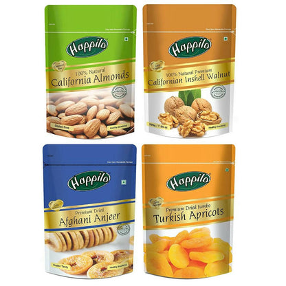 Happilo Premium Californian Almonds, Walnuts Inshell, Afghani Anjeer & Turkish Apricot Combo - BUDNE