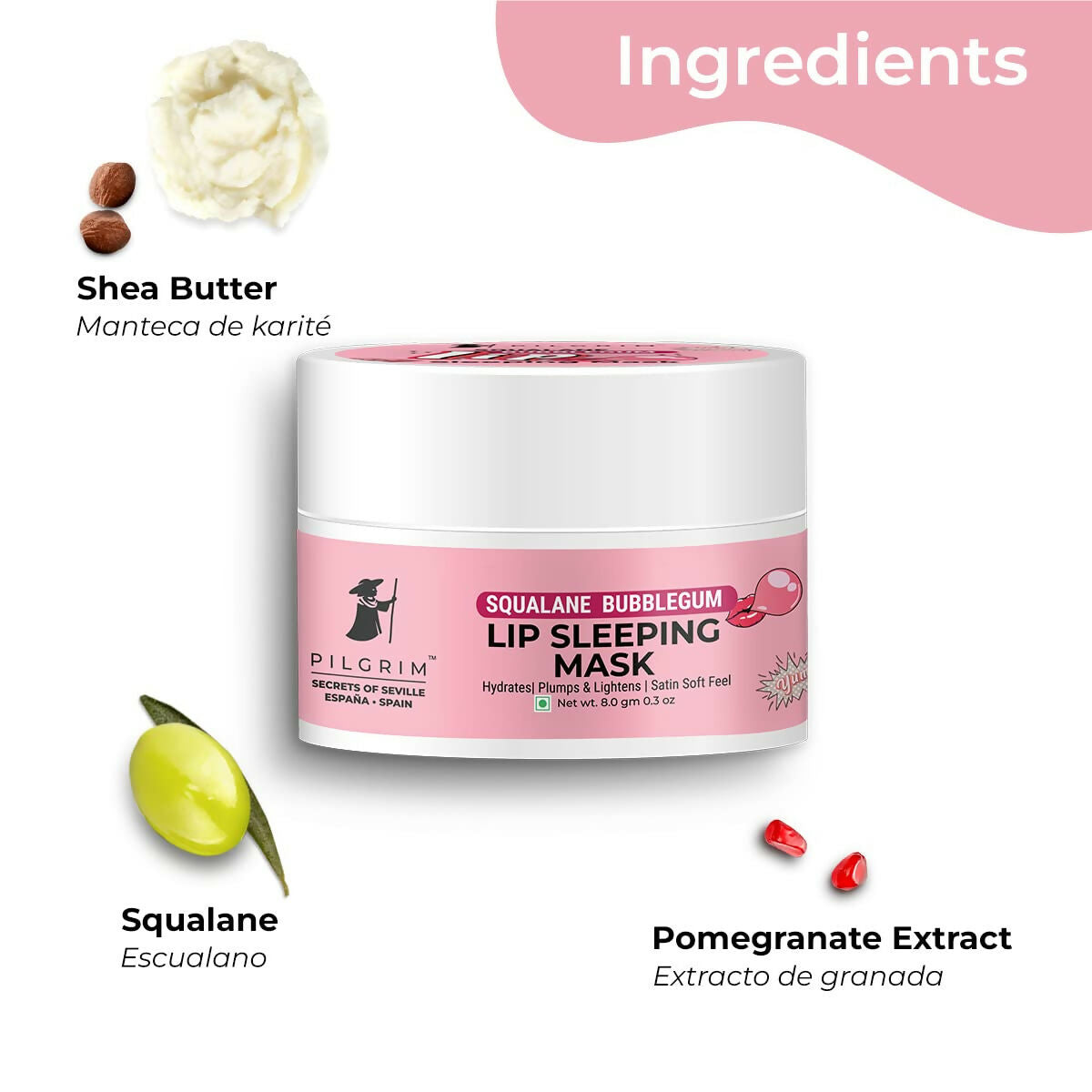 Pilgrim Spanish Lip Sleeping Mask (Bubblegum) with Shea Butter & Pomegranate For Hydrated & Soft Lips