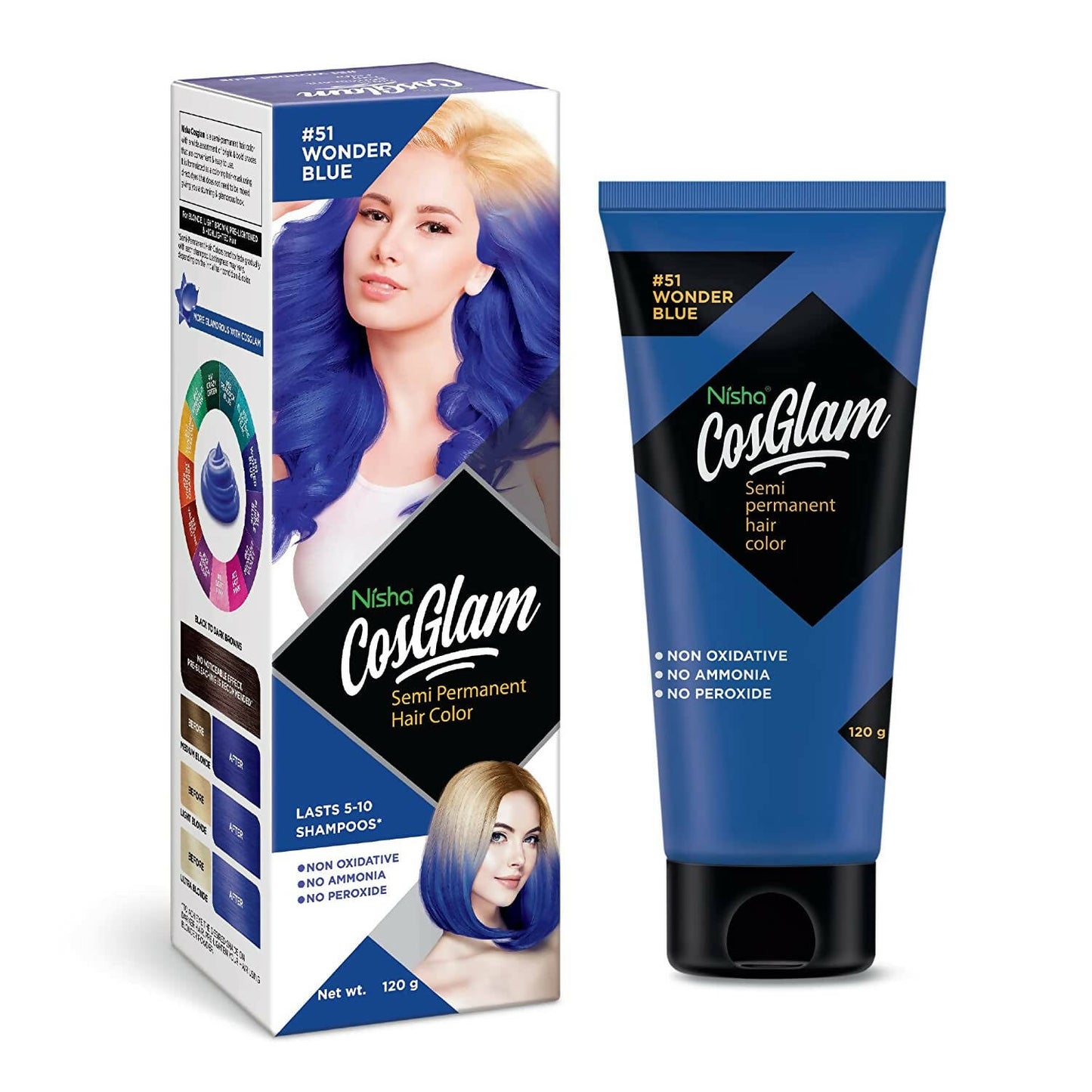 Nisha Cosglam Semi Permanent Hair Color 51 Wonder Blue - BUDNE