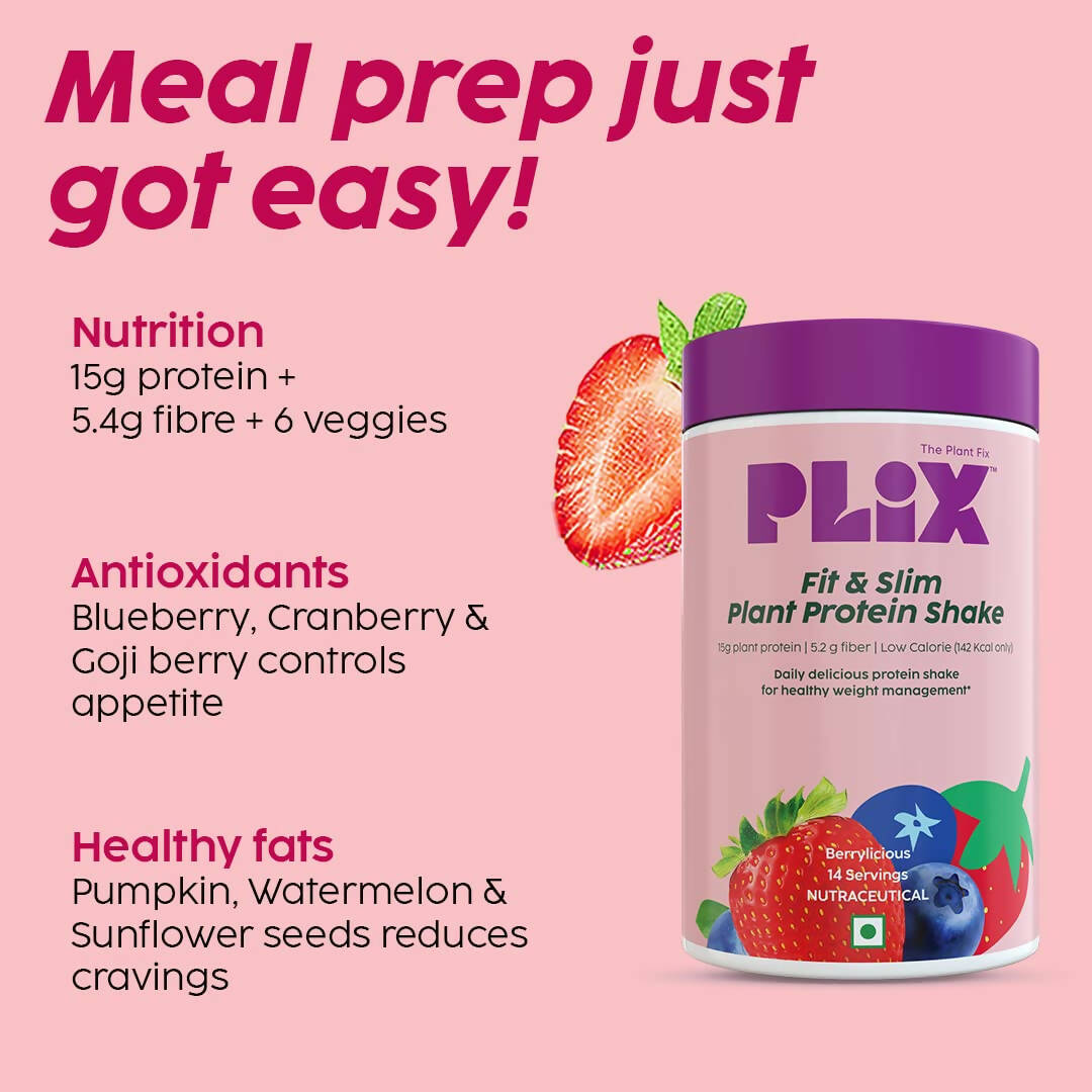 PLIX The Plant Fix Fit & Slim Smoothie Plant Protein Shake Powder - Strawberry