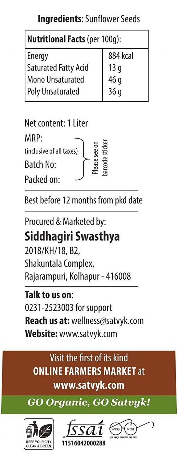 Siddhagiri's Satvyk Organic Wood Pressed Sunflower Oil