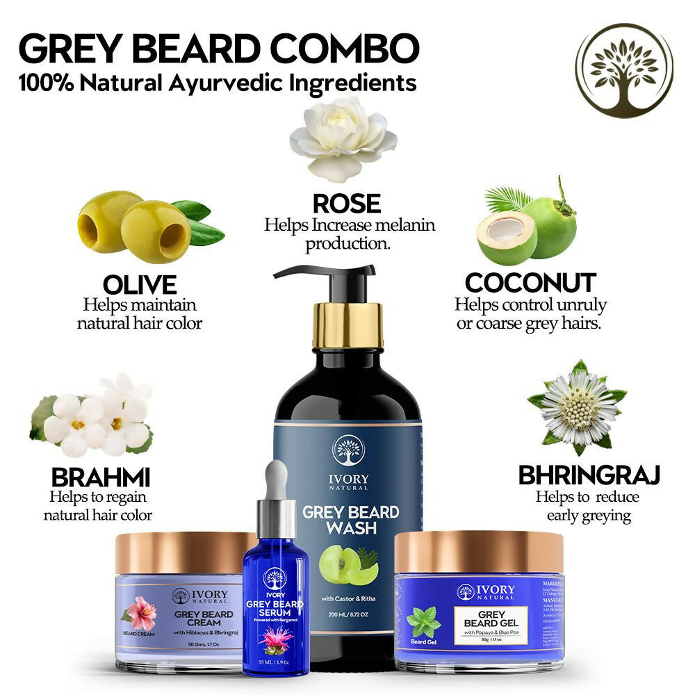 Ivory Natural Grey Beard Combo (Serum, Cream, Wash & Gel) Restore Your Silver Beard To Natural Color