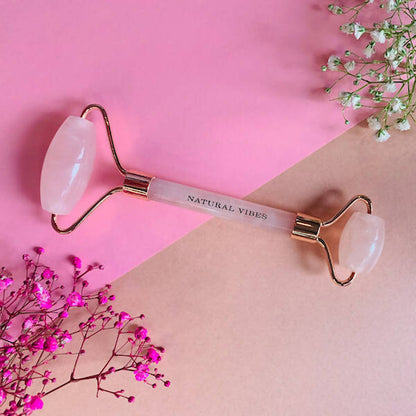 Natural Vibes Rose Quartz Roller & Massager with Free Gold Beauty Elixir Oil