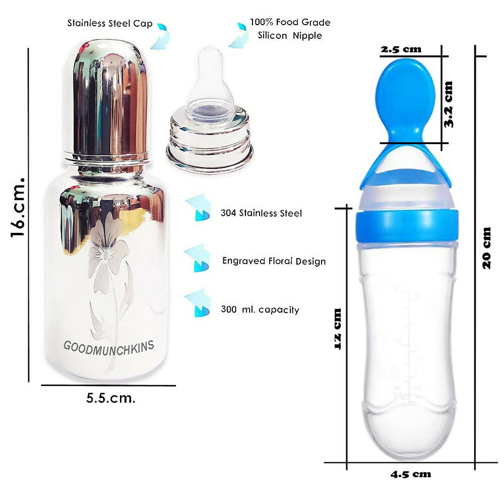 Goodmunchkins Stainless Steel Feeding Bottle & Spoon Food Feeder Anti Colic Silicone Nipple Combo-(Blue,300ml)